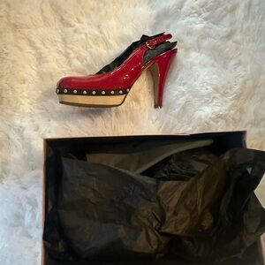 Miu Miu Red Patent Platform Slingback Heels with Stud Trim